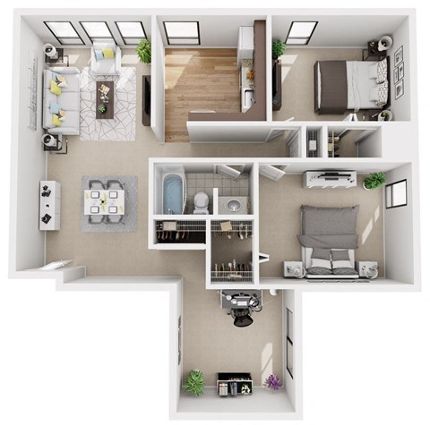 Floor plan for 2 beds, 1 bath, 897 sqft